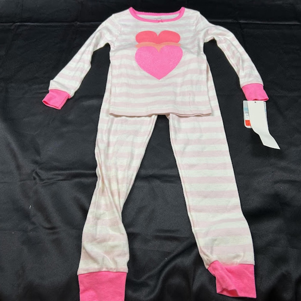 Carters Girls Pink White Striped Heart Pajama Set 2 Piece Long Sleeve NWT